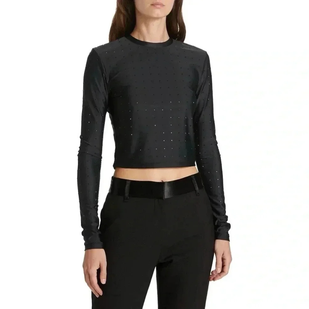 FRAME Women's Cropped Long Sleeve Rhinestone Top Size Small Color Black - Picture 2 of 8